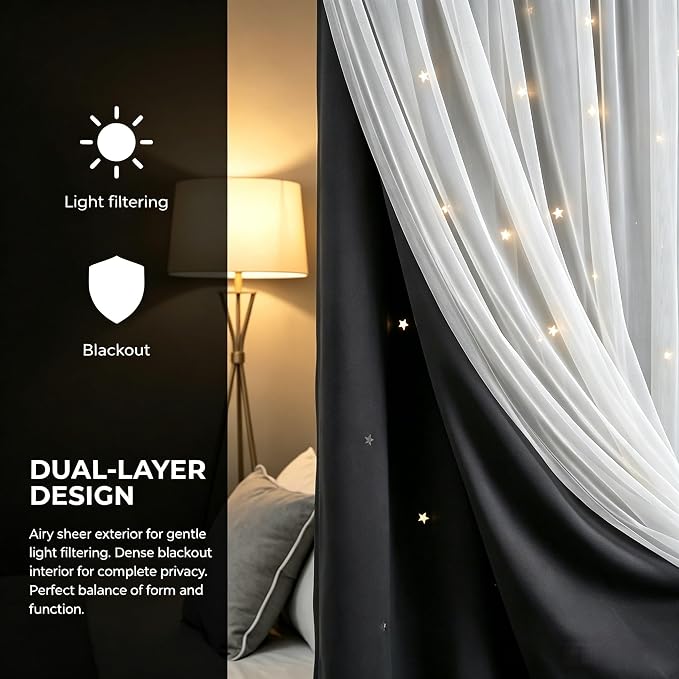Blackout Curtains for Bedroom/Living Room, Sheer Overlay 2 Free Tiebacks, Double Layer Curtains with Star Cutout for Kids Room(Each Piece W 70 x L 63 Inches 2 Pcs Black)