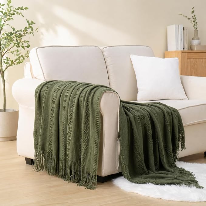 BATTILO HOME Olive Green Throw Blanket for Couch, Soft Army Green Blanket with Tassels for Home Decor, Decorative Knitted Throws for Couch Cover, 50"x60"
