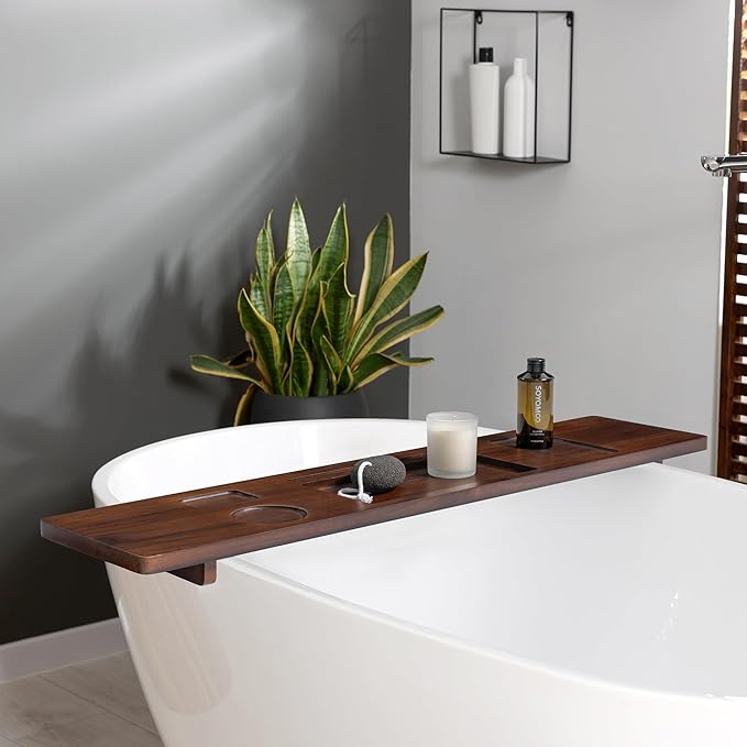 Teak Bathtub Tray for Freestanding Bath, 39" Extra Thick Adjustable Spa Caddy - Non-Slip Anti-Tip Wood Organizer for iPad, Wine & Book - Rich Walnut Brown Finish, Perfect Self-Care Gift