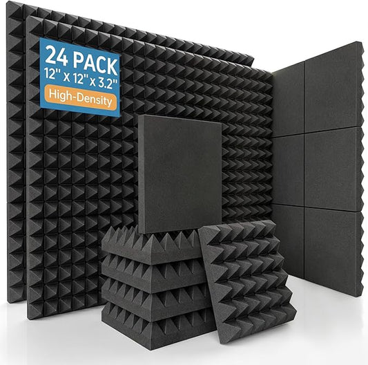24 Pack Acoustic Foam Panels, 12 x 12 x 3.2 Inches, Pyramid Sound Proofing Foam, Extra Thick Soundproofing Panels, High Density Acoustic Treatment for Recording Studio