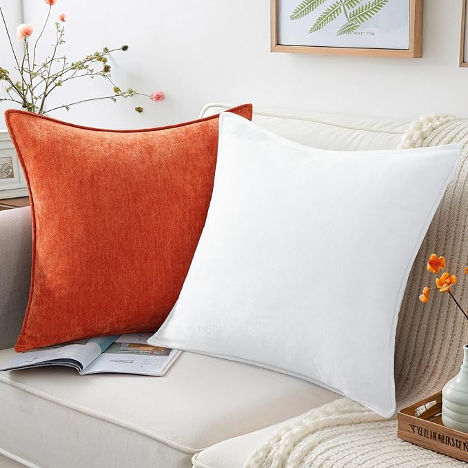decorUhome Fall Couch Euro Sham Throw Pillow Covers 22x22 Set of 2, Decorative Soft Velvet Modern Cozy Chenille Pillow Cases with Elegant Design for Sofa Bed Living Room Home Decor, Rust