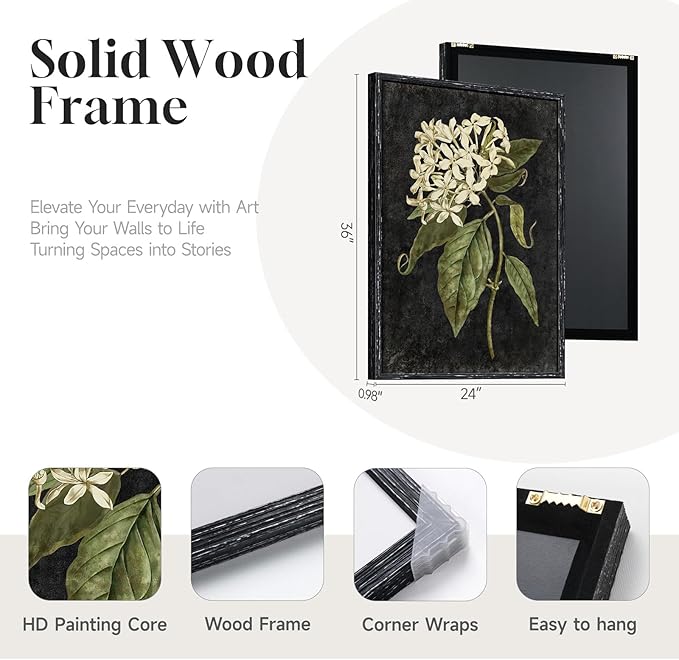 Vintage Framed Hydrangea Floral Wall Art for Living Room, 3 Piece Large Retro Botanical Canvas Print Paintings, Dark Black Classic Flower Pictures Artwork Decor for Bedroom Hallway 24x36 Inch