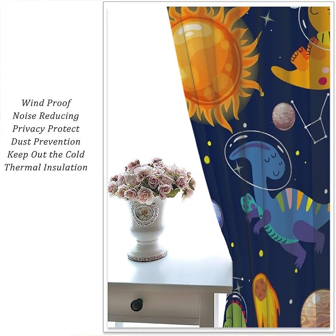 YCness Kids Dinosaur Curtains Cute Funny Cartoon Dino Outer Space Art Printed Blackout Window Drapes for Boys Girls Bedroom Children Nursery Decor Fabric Set 2 Panel 72x63 Inch 80% Shading Rate