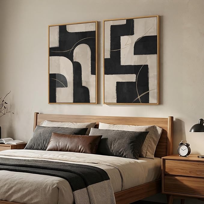 Large Framed Modern Neutral Abstract Wall Art, Set of 2 Minimalist Black and Beige Canvas Prints Paintings Artwork for Walls, Geometric Pictures for Living Room Hallway Bedroom Wall Decor 24x36 In