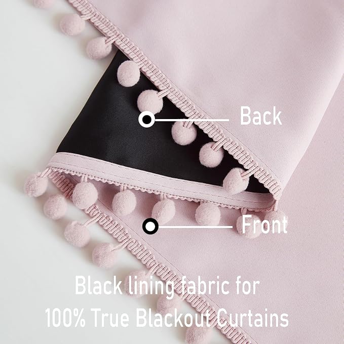 Treatmentex 100% Full Blackout-Curtains for Bedroom Pink Pom Poms Curtain Panals for Girls 95inch Cute Thermal Insulated Window Drapes for Living Room Baby Nursery 52" w x 95" l 2pcs Rod Pocket