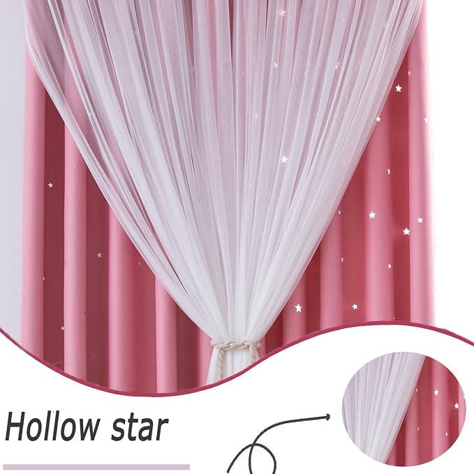 Cute Star Blackout Curtains for Girls Bedroom, Princess Curtains, W52X L84 | 1 Panel Pink Thick Grommet Top Star Cutout Curtains, Double Layer Nursery Kids Curtains, Aesthetic Living Room Decor