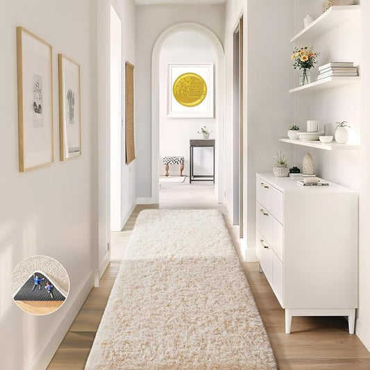 Ophanie Runner Rug for Hallway, 2x7 Washable Non-Slip Fluffy Soft Bedside Rugs, Bedroom Living Room Shaggy Carpet for Kids Girls Boys Dorm Nursery Decor Aesthetic, Ivory with Over 99 pcs Pile fibers