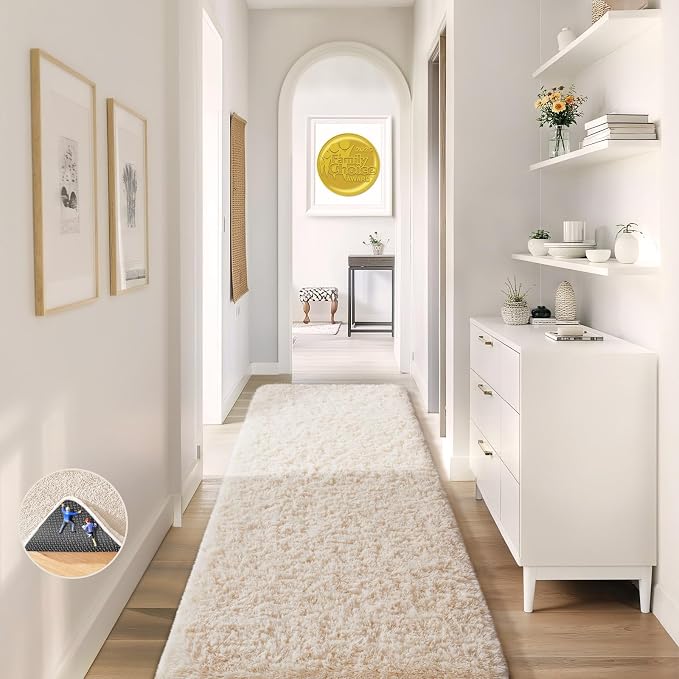 Ophanie Runner Rug for Hallway, 2x5 Upgrade Non-Slip Fluffy Soft Bedside Rugs, Bedroom Living Room Ivory Shaggy Carpet for Kids Girls Boys Dorm Nursery Home Decor Aesthetic