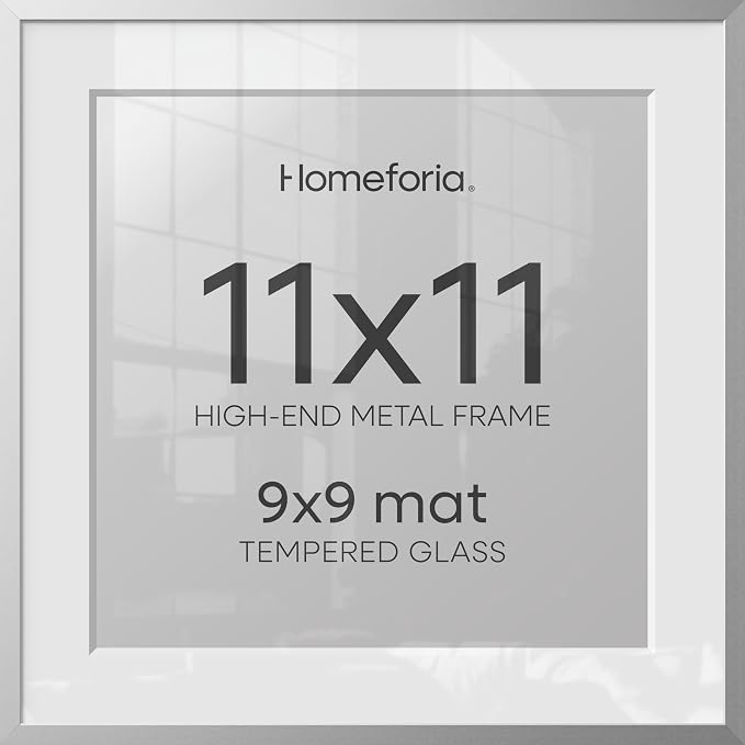 Homeforia 11x11 Picture Frame Silver, High End Metal 11 by 11 Square Frames with Mat 9 x 9 Photo, 11x11 Thin Poster Frame Matted to 9x9 inch Art, Wall Hanging Frame, Tempered Glass, Wall Kit, Set of 1