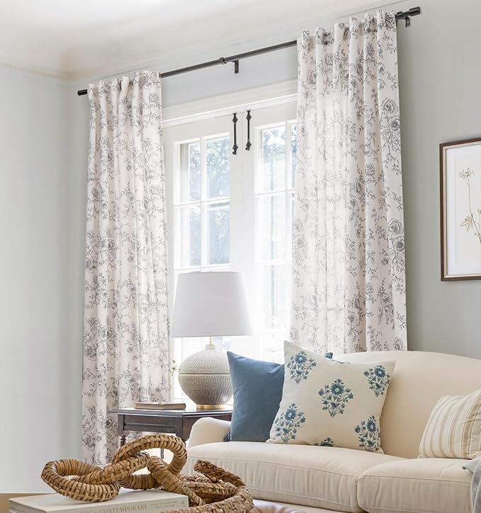 Floral Linen Curtains for Dining Room 86 inch length 2 panels Neutral Cream Black Pattern Printed Curtains Living Room Back Tab Semi Sheer Drapes Vintage Farmhouse French Country Curtain for Bedroom