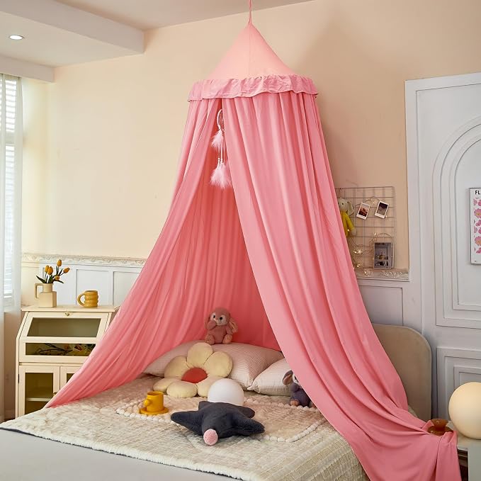 Princess Bed Canopy for Kids, Soft and Durable Dreamy Mosquito Net Bedding, Girls Room Tent, Children Reading Nook Indoor Decor (Coral Pink)