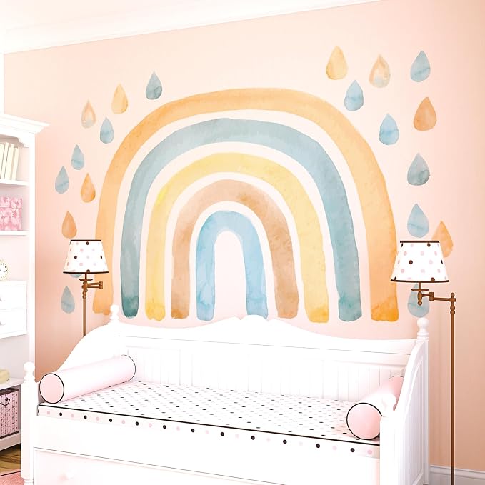 Large Watercolor Rainbow Wall Decals, Raindrops Peel and Stick Fabric Nursery Wall Decor, Removable Home Room Wall Decor Murals Stickers for Kids Girls Toddler Bedroom Living Room Playroom
