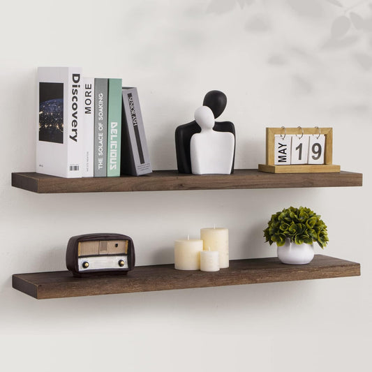 Axeman Floating Shelves for Wall, 8 Inch Deep Rustic Solid Elm Wood Wall Shelves for Storage, Wall Mounted Display Shelving with Invisible Heavy-Duty Metal Bracket, 36'' Width Set of 2, Walnut