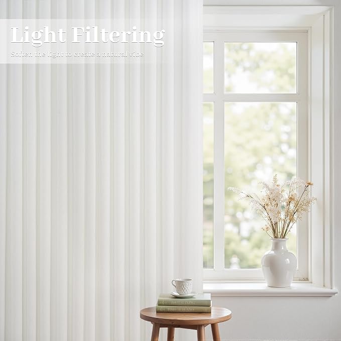 Pinch Pleated Beige White Semi Sheer Curtains 90 Inches Long,Light Filtering Linen Blend Neutral American Farmhouse Curtains with Hooks for Living Room Window Drapes 90 inch Length 2 Panels Set