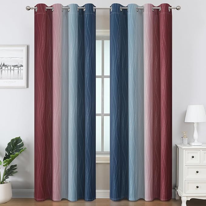 Estelar Textiler Navy Blue and Burgundy Red Ombre Blackout Curtains & Drapes for Living Room, Thermal Insulated Grommet Energy Saving Window Gradient Curtains for Bedroom, 52Wx108L, 2 Panels