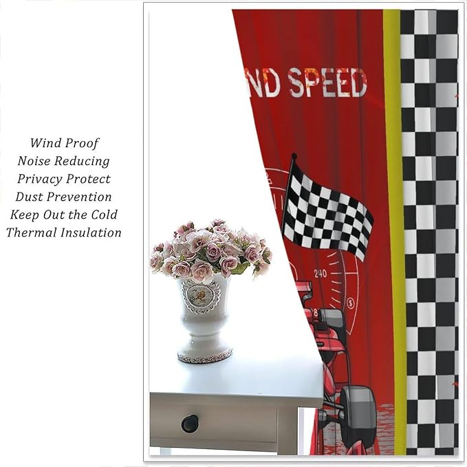 Racing Car Blackout Curtain,for Kids Boys Black Red White Start Flag Cartoon Race Cars Curtains Dining Room Living Room Kitchen Cafe Bedroom Office Nursery Drapes,55x63 in