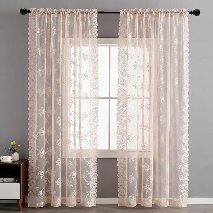 Kotile Blush Sheer Curtains 80 Inch Length 2 Panels Cottagecore Floral Coquette Curtains for Girls Bedroom, Rod Pocket Light Filtering Privacy Lace Window Curtain, 52 x 80 Inch, Blush Pink