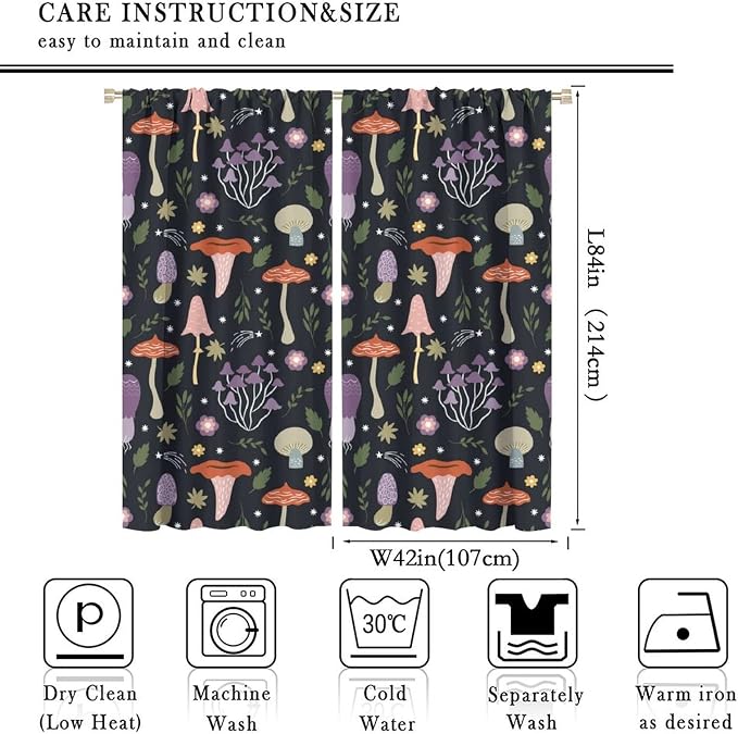 Mushroom Curtains,Colorful Plant Forest Botanical Print Window Treatments for Bedroom Living Room Kitchen Cartoon Herbs Floral Window Drapes 2 Panels Set,Total Size 84 x 84 Inch