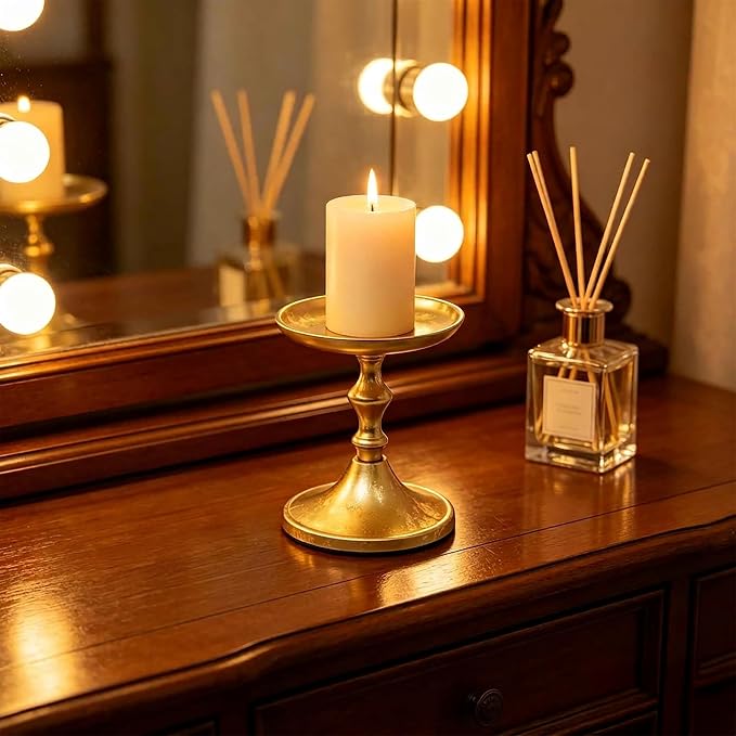 Hosley Aluminum Metal Decorative Pillar Candle Holder Gold Finish Set of 2 for Candles or Display, 5Inch High - Ideal for Weddings, Parties, Events, Home Decor, Gifts, Elegant