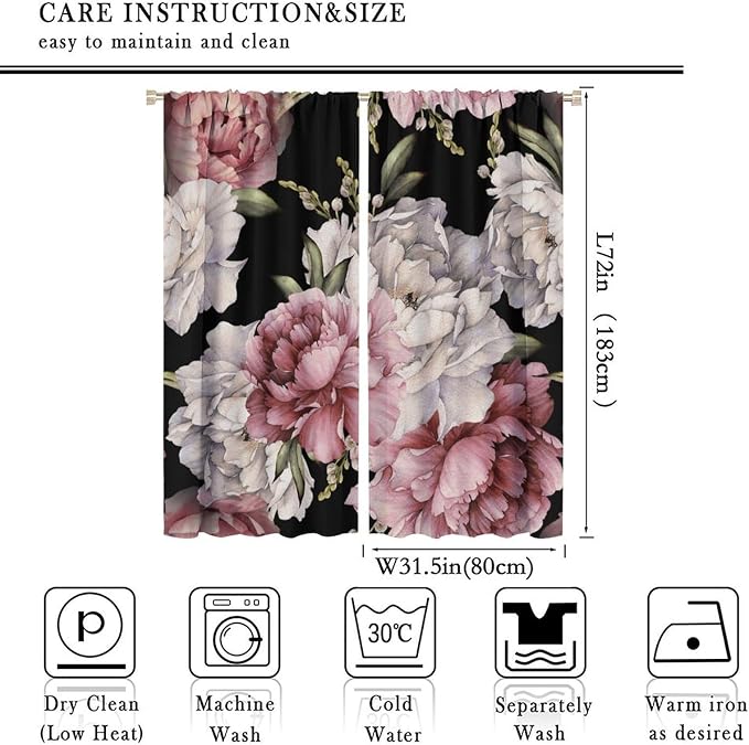 Black Boho Floral Curtain Vintage Watercolor Rose Peony Retro Pink Blossom Flowers Rustic Spring Lea for Home Kitchen Livingroom Coffee Room Curtains Drapes 2 Panels 63x72in, Style-3