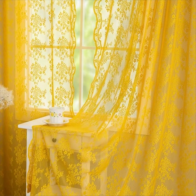 YJ YANJUN Vintage Lace Curtains 72 Inches Long-Victorian Floral Pattern Mustard Yellow Sheer Curtain Panels for Living Room Bedroom,Light Filtering, Summer Drapes 2 Panels 52W x 72L
