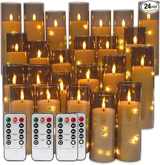24 Pack Flameless LED Pillar Candles with Remote & Timer, Flickering Battery Operated Candles with Embedded Starry Lights, 3-Sizes Gray Acrylic Decorative Candles for Wedding, Home, Party Decor
