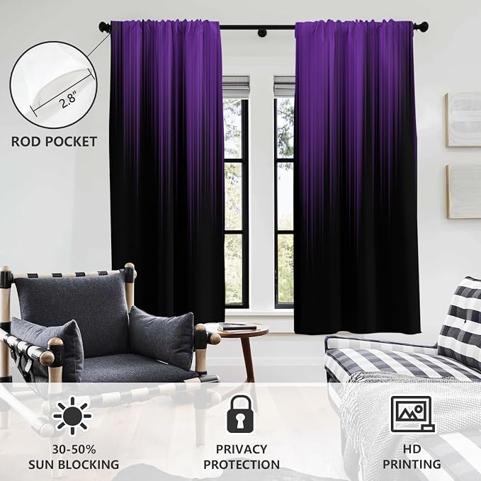AAtter Purple and Black Ombre Window Curtain, Room Darkening, 42" W x 63" L | Dark Gothic Rod Pocket Drapes, Abstract Moody High Precision Fabric, Plum Witchy Modern, 2 Panels Bedroom Decor for Women