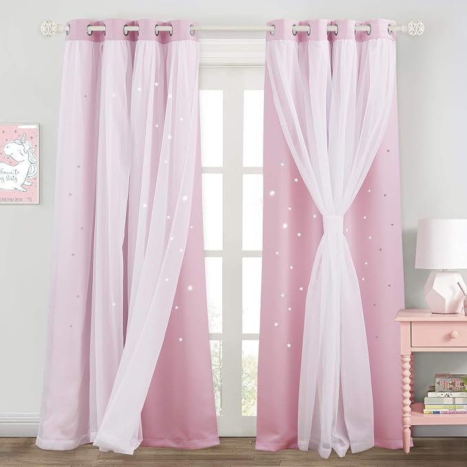 NICETOWN Kids Girls Bedroom Pink Curtains, Star Cutout Blackout with White Sheer Pastel Nursery Window Curtain Panels for Thanksgiving (Lavender Pink, 2Pcs, W52 x L84)