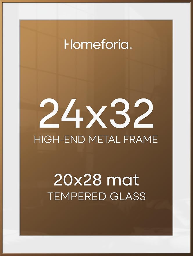Homeforia 24x32 Picture Frame Bronze, High End Metal 24 x 32 Large Poster Frames with Mat 20 by 28 Photo, 24x32 Brass Frame Matted to 20x28 Print, 32x24 Thin Frames, Tempered Glass, Wall Kit, Set of 1