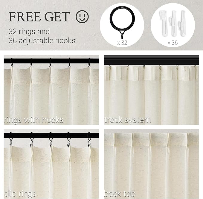 Topfinel Natural Pinch Pleated Linen Curtains 84 Inch Length 2 Panels for Bedroom Living Room Textured Cream Semi Sheer Window Curtain Boho Neutral Back Tab Pinch Pleat Drape with Hooks 84 Inches Long
