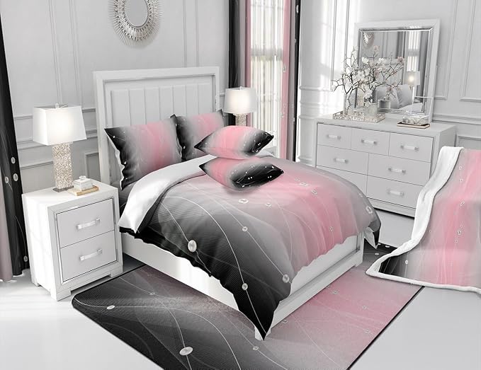 jejeloiu Pink and Black Darkening Drapes Strip Lines Curtains for Bedroom for Kids Women Men Ombre Pearl Printed Blackout Curtains Geometric Window Treatments(2 Panels, 42 x 90 Inch)