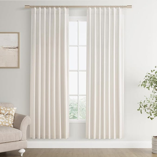 Joywell 100% Blackout Linen Curtains 72 Inches Long for Bedroom 2 Panels Set Black Out Curtain Noise Cancelling Drapes for Living Room Kitchen Window Back Tab Hook Belt 52 x 72,Ivory