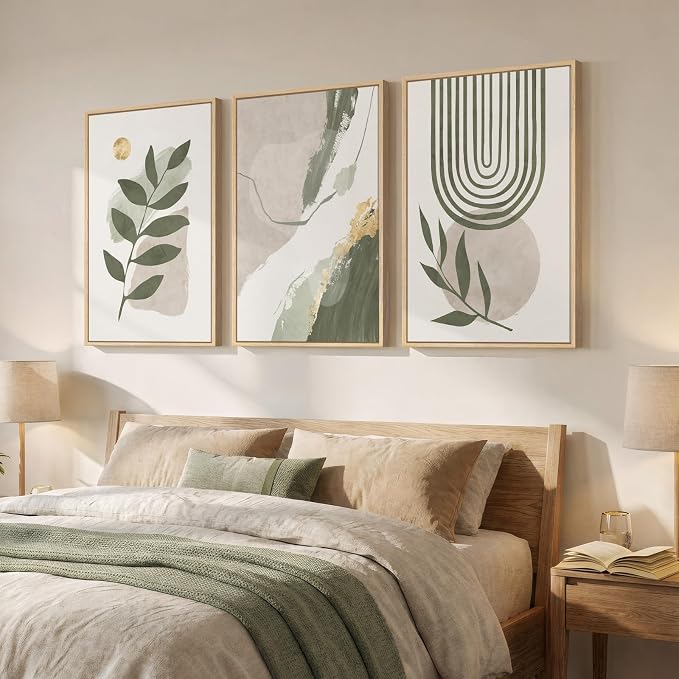 3 Piece Large Framed Abstract Boho Wall Art for Living Room, Minimalist Sage Green Plant Canvas Artwork for Walls, Modern Botanical Leaf Prints Paintings for Bedroom Hallway 24x36 Inch