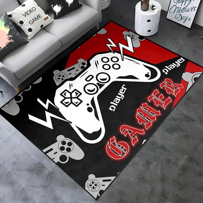 Gamer Rugs for Boys Teens Child Bedroom Cool Game Player Room Home Decor Rug Video Playing Living Room Sofa Play Yoga Standing Mats Throw Gamepad Controller Carpets Black Red, 4'5"x6'