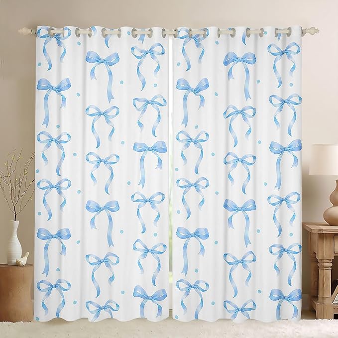 Feelyou Girls Bow Curtains for Bedroom Living Room Blue Bowknot Blackout Darkening Drapes Coquette Aesthetic Window Treatments, 2 Panels 42 x 63 Inch Kawaii Cute Princess Style Room Decor