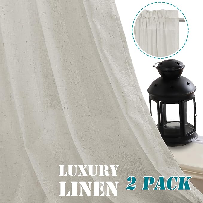 H.VERSAILTEX Linen Curtains Elegant Natural Linen Semi Sheer Curtains Energy Light Filtering Rod Pocket Window Treatments Panels for Living Room (Set of 2, Pale Oak, 52 inch W X 108 inch L)
