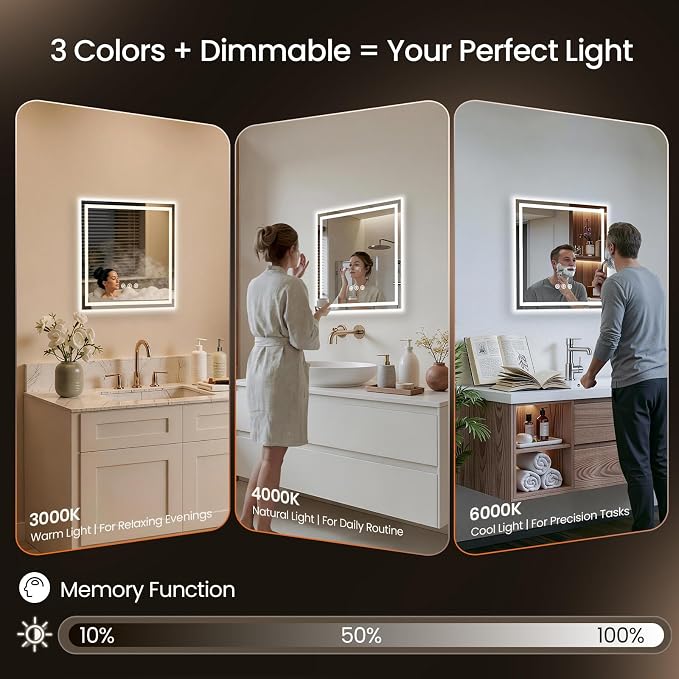 24X24 LED Bathroom Mirror with Lights, Anti-Fog, Backlit + Front Lit (CRI>90), Lighted Bathroom Vanity Mirror for Wall, Memory Function, Dimmable, Tempered Glass, Shatter-Proof