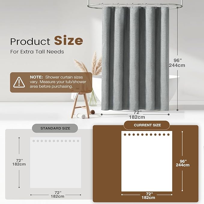 BTTN 3 in 1 Shower Curtain Set - 96 Inch Extra Long Linen Textured Cloth Shower Curtain Liner with Plastic Hook, Modern Hotel Luxury Waterproof Fabric Shower Curtain for Bathroom, Grey/Gray, 72x96