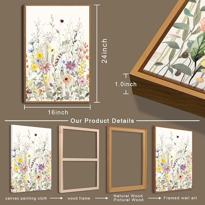 BINCUE Large Framed Floral Canvas Wall Art Colorful Wildflower Pictures Wall Decor Wildflower Artwork Flowers Pictures Floral Home Decor for Living Room Bedroom Office Farmhouse 16x24 Inches Set of 3 Gift