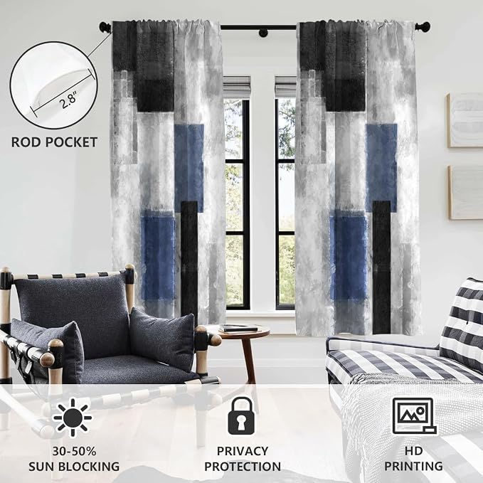 AAtter Blue Black Grey Window Curtain Navy White Gray Abstract Geometric Art Aesthetic Minimalist Boys Mens Wide Living Room Bedroom Drapes Treatment Fabric 1 Pair, 52" W x 63" L, Modern