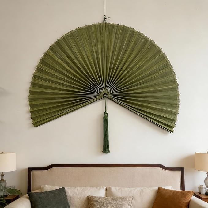 ChumDecor Fan Wall Decor, Japanese Giant Fan, Large Bamboo Fan Wall Art for Boho Hanging Headboard, Decorative Folding Fans for Over Bed, Asia Trending (Army Green 48inch)