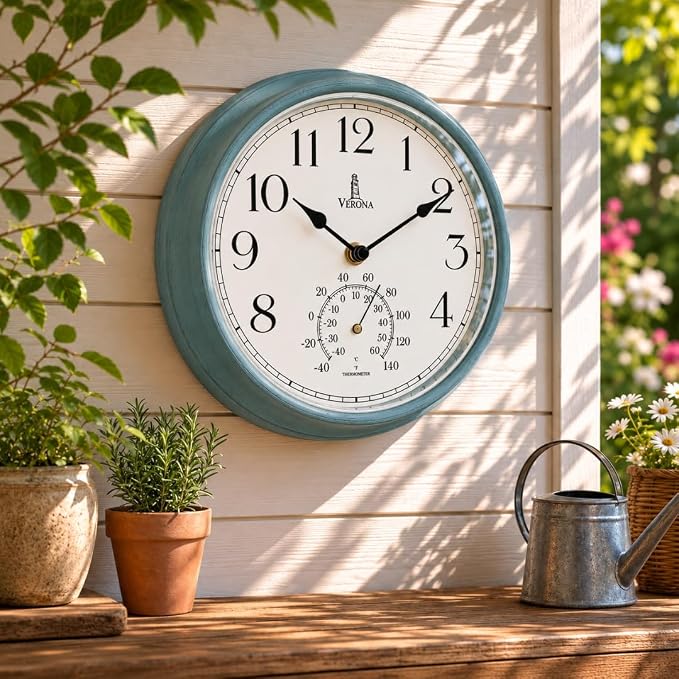 Outdoor Clocks for Patio Waterproof with Thermometer — Teal 9.5 Inch Indoor Outdoor Wall Clock with Temperature Display — Weatherproof, Accurate & Easy to Read for Pool, Garden & Home Decor