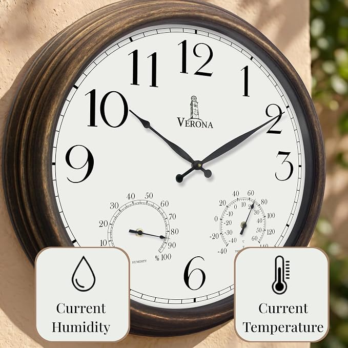Outdoor Clocks for Patio Large Waterproof with Thermometer - 18 inch Indoor Outdoor Wall Clock with Temperature and Humidity Combo - Weatherproof, Accurate & Easy to Read for Pool, Garden & Home Decor