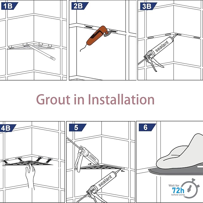 Grout in Shower Shelves with Hooks, 304 Stainless Steel Corner Bathroom Shelf for Tiled Wall (Brushed, 10'' x 10'')
