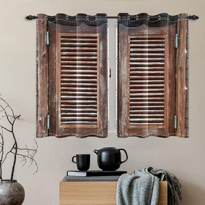 Rustic Wooden Barn Door Blackout Window Curtains Wood Planks Farm Farmhouse Curtains Country Retro Western Vintage Brown Window Treatments Kitchen Bedroom Living Room Decor,21x45 inch,2 Panels