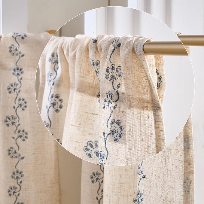 jinchan Katy Linen Floral Kitchen Curtains 36 Inches Length Stripe Cafe Curtains Farmhouse Cottagecore Tier Small Window Drapes for Living Room Light Filtering Rod Pocket 2 Panels Blue on Linen