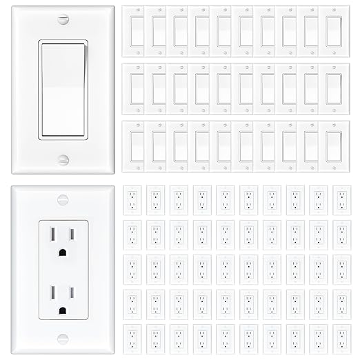 Amico 30 Pack Single Pole Decorator Light Switch with Wallplate and 50 Pack 15A Wall Outlet, White Decorator Receptacle with Wall Plate, UL Listed