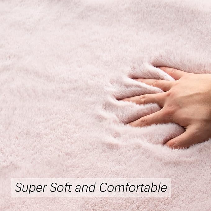 ORINOVA Small Pink Fuzzy Faux Rabbit Shaggy Fur Rug Furry Washable Runner Rug 2x6 Fluffy Rugs for Bedroom Living Room Nursery Rugs Teen Room Décor