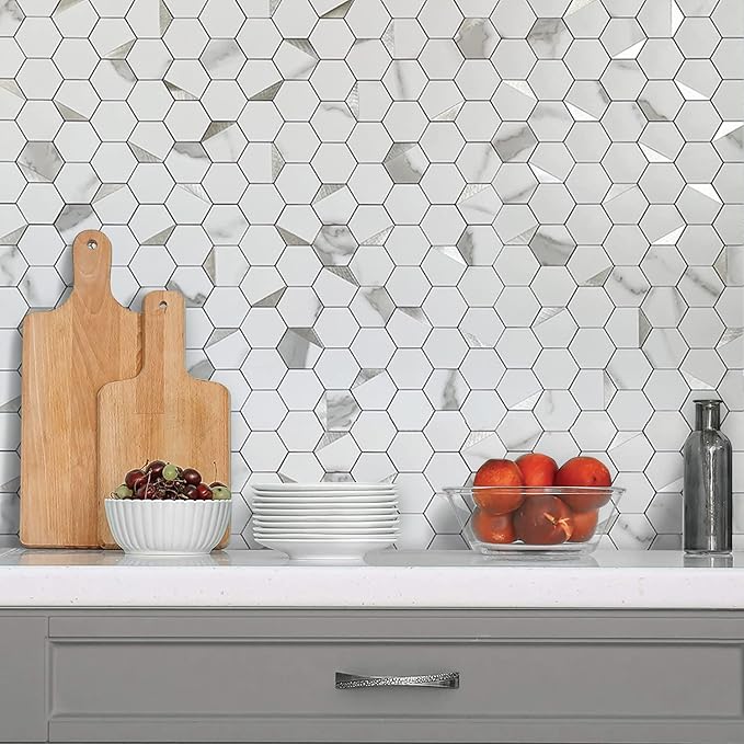 DICOFUN 1 Sheet Hexagon Tile Peel and Stick Backsplash, White Marble Look PVC Mixed Silver Metal Mosaic Tiles for Kitchen and Bathroom