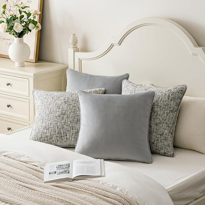 a moment Grey 4 Pack Throw Pillow Covers - Chenille & Velvet Set with Piping, Farmhouse Textured Design Pillow Cases for Couch Sofa Bed Livingroom (18x18 Inch, No Insert)